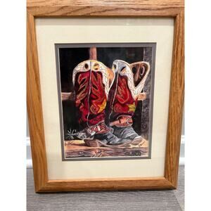 Framed Western Art, Signed Cowboy boots, western wall art